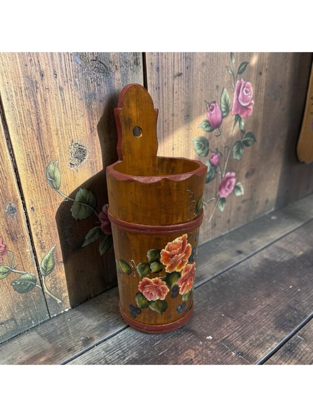 Vintage Wood Umbrella Holder Hand Painted Bucket Decor Cottagecore Floral